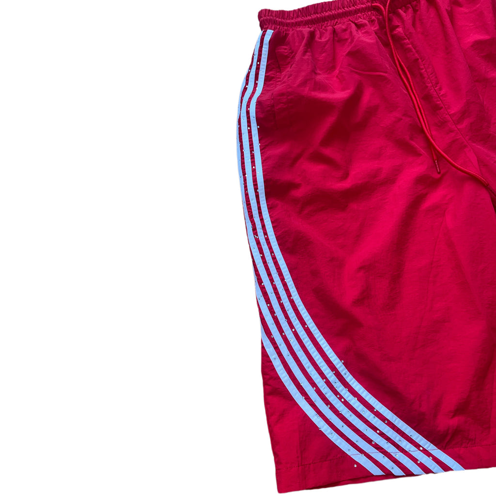 Red Novacaine Rhinestone Track Jorts