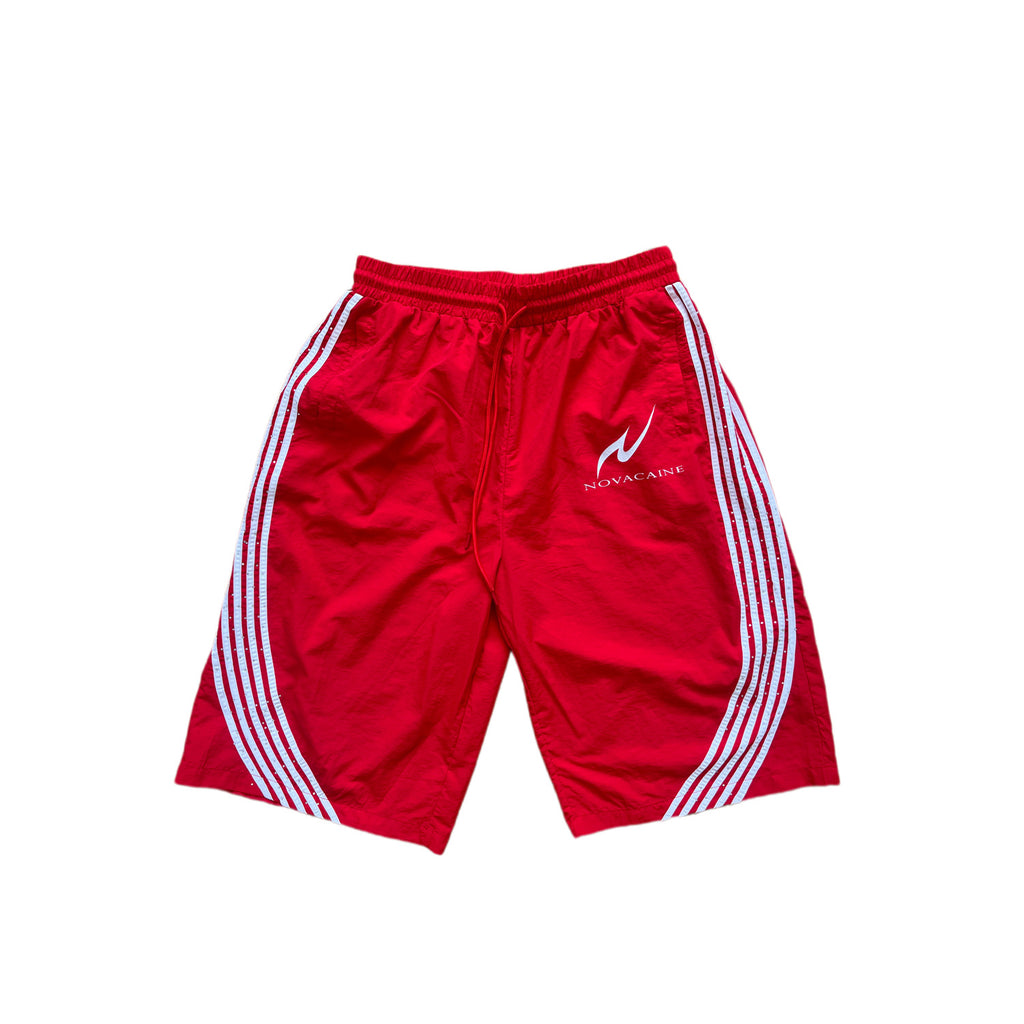 Red Novacaine Rhinestone Track Jorts