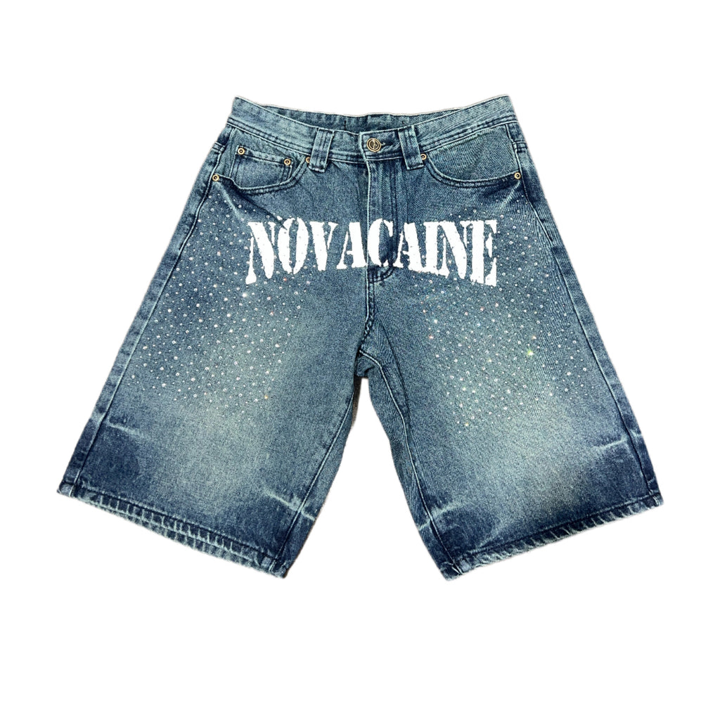 Dark blue Novacaine rhinestone denim shorts