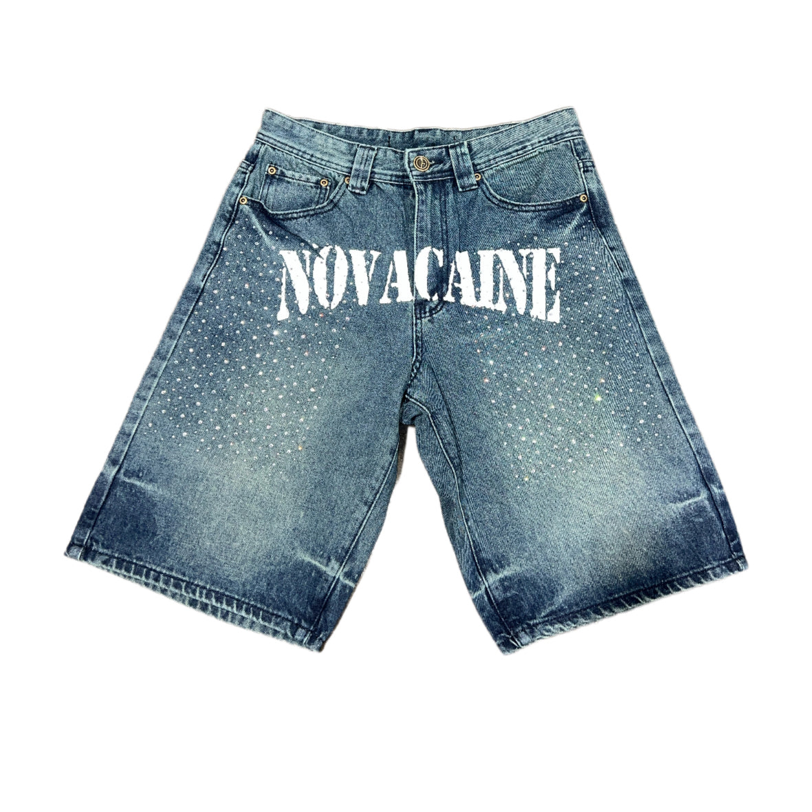 Dark blue Novacaine rhinestone denim shorts